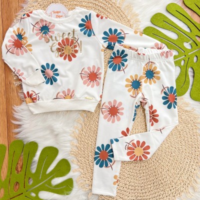 Conj. Blusão Manga Longa Sweet Girl e Calça Legging Floral - Off White